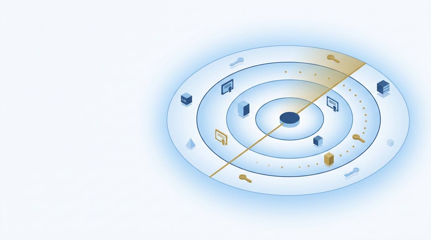 Abstract composition of a radar sweep over a constellation of internet-exposed assets in HarmonyX blue and gold