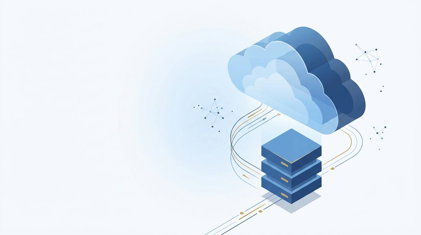 ภาพประกอบ abstract ของ Cloud ลอยเหนือ Server Rack เชิงเรขาคณิต พร้อม Data Conduit ในโทน HarmonyX