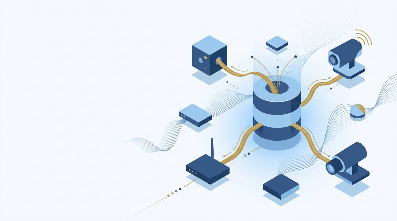 Abstract IoT data mesh with device silhouettes feeding a central data lake prism