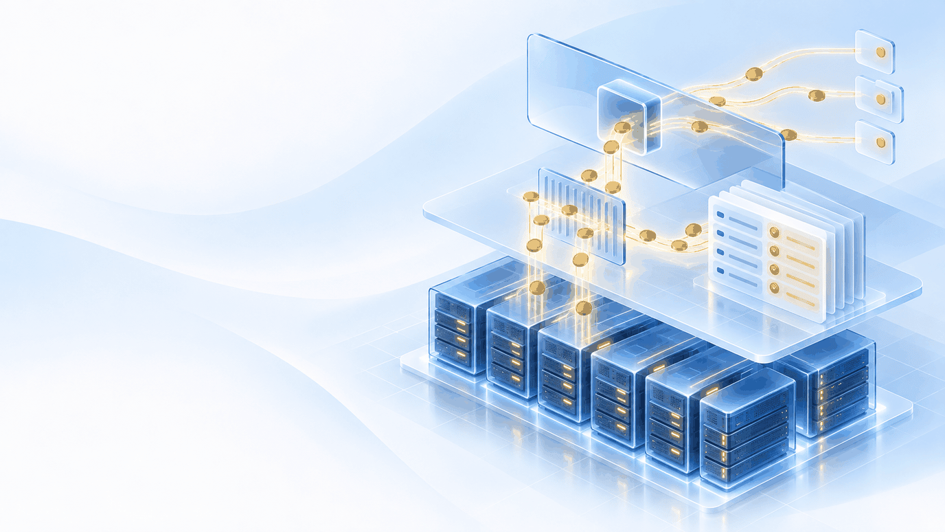 Abstract composition of a GPU chip, token stream, and ledger in HarmonyX blue and gold