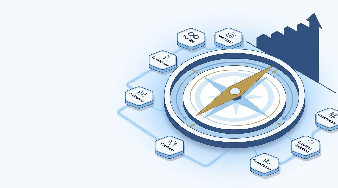 Abstract compass and capability flowchart representing digital transformation strategy