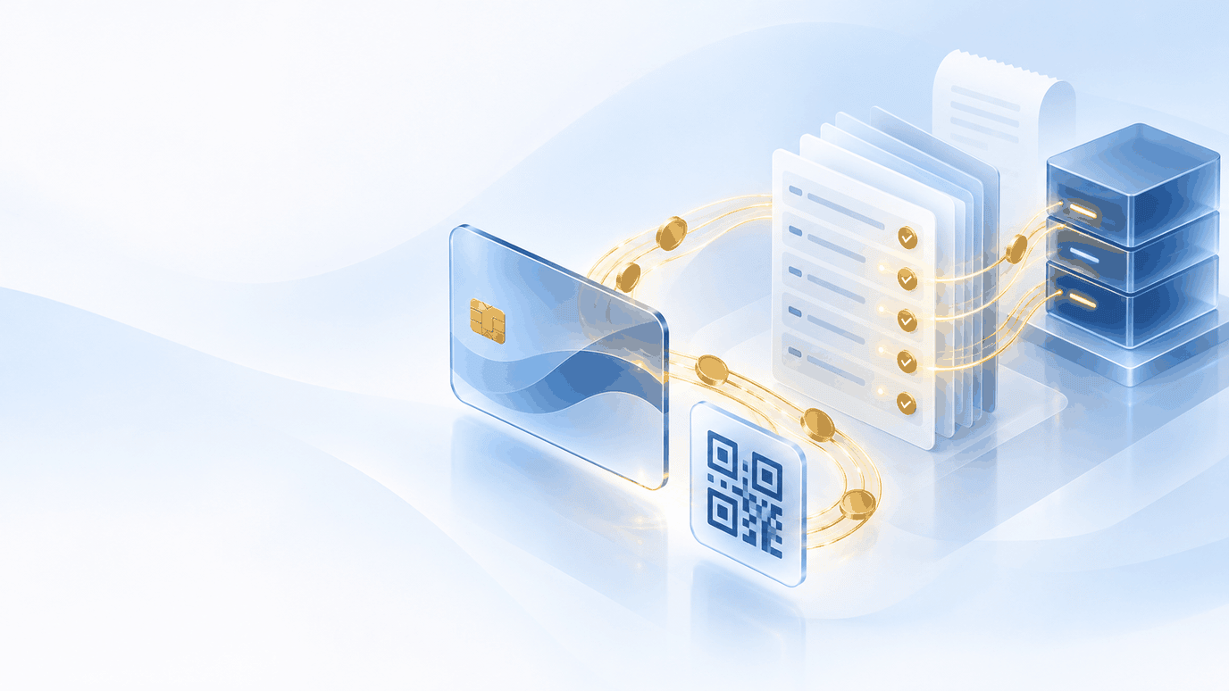 ภาพประกอบ abstract ของบัตรชำระเงิน QR Code และเส้นบัญชี ในโทนสี HarmonyX