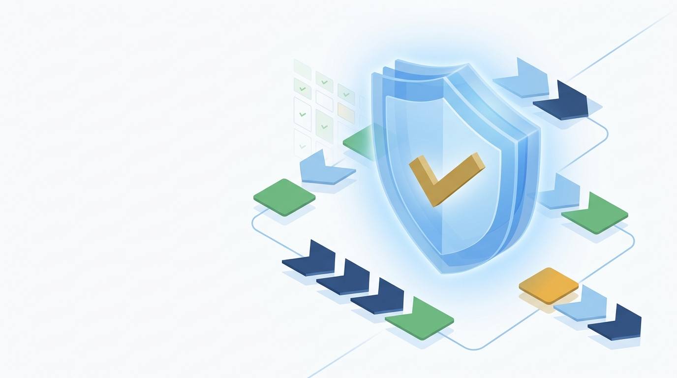 Abstract shield crest with a gold checkmark and a test-pipeline chevron flow in HarmonyX blue